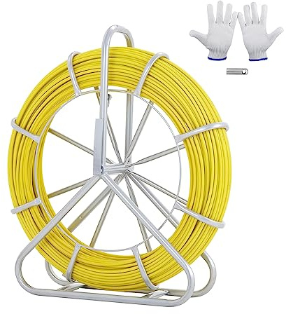 VEVOR Cinta para pescar de fibra de vidrio, 656 pies 1/4, extractor de alambre para cinta de pescar para conductos, varilla para correr cables con soporte de carrete de acero, 3 cabezales de tracción