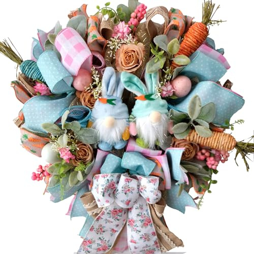 Egolot 16 Inch Egolot Easter Mesh Deco Bunny Wreath with Eggs and Carrots for Front Door, Spring Pink and Blue Ribbon Easter Wreath for Spring, Rustic and Farmhouse Ribbon for Home Decor