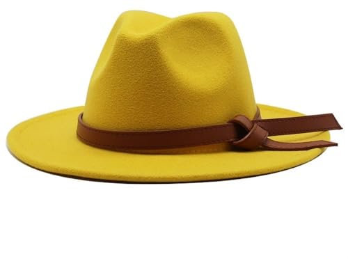 NOAMED Fengyan Hut für Herbst und Winter, einfarbig, Panama-Kappe, Vintage-Wolle, Fedora-Hut, breite Krempe, für Damen und Herren, Jazz, Kirche, Streetwear, Filzhut, gelb, 6 7/8-7 1/8