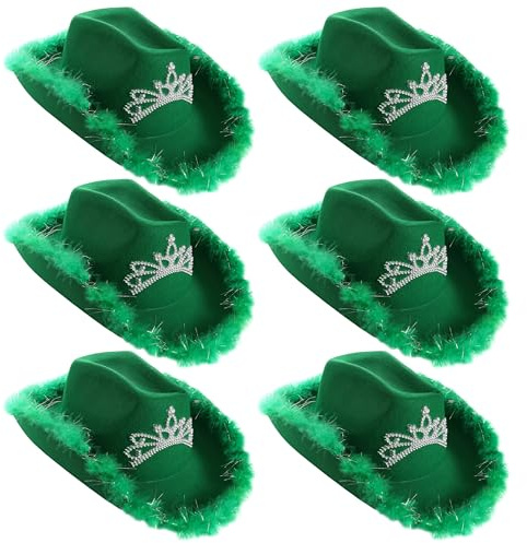 Green Tiara Cowgirl Hats - Pack of 6 - Green Cowgirl Hat with Tiara Decoration and Marabou Trim - Adults Festival Music Fancy Dress Accessory