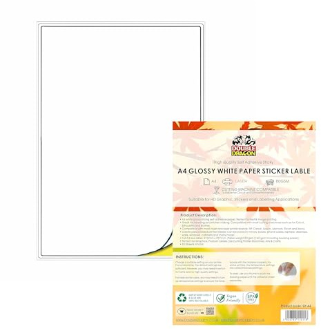 Double Dragon, Pack of 50 Sheets of A4 Glossy White Printable Sticker Paper, Self-Adhesive Labels, Compatible with Laser Printer, 1 Label Per Sheet, Ideal for Shipping, Crafting, and Multi-Purpose Use