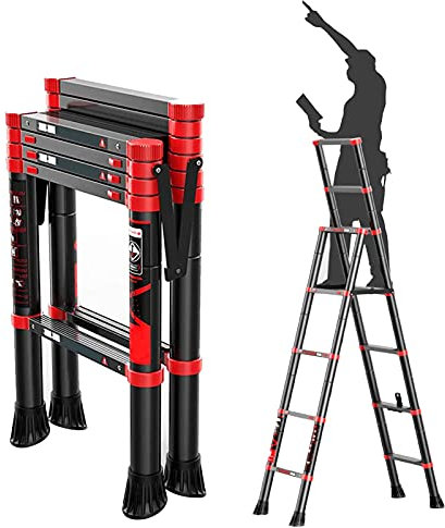 Scale Telescopiche Scaletta Telescopica Scala Estensione con Telaio ad A, Scale Telescopiche in Alluminio Pieghevoli Leggere e Portatili con Doppio Corrimano e Piede Antiscivolo, Nero+Rosso
