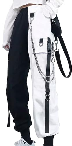 YINGWIN Cargohose Damen mit Hosenkette Schwarz und Weiß Patchwork Gothic Kleidung Damen Goth Punk Y2k Techwear Hose Festival Hose Jogginghose
