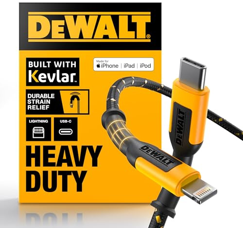 DEWALT Heavy Duty USB-C to Lightning Cable [Apple MFi Certified], Durable Fast Charging iPhone Charger Cord for iPhone 14/13/12/11 Pro Max, iPad, AirPods, 1.8m