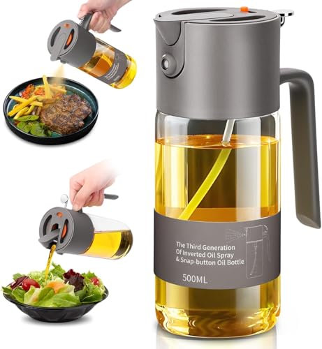VOMEP Ölsprüher zum Kochen, 2025 Groß und Verstärkt 500ml Glas-Olivenölflasche, Gleichmäßiger Sprühnebel mit Portionskontrolle, Olivenölsprüher für Salat, Grillen, Backen (Grau)