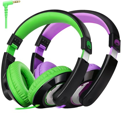 Rockpapa Comfort Kids Headphones for School, Lightweight Childrens Boys Girls Teens Over-Ear Headphones Wired 3.5mm for CD DVD Player Tablet Phone Travel Black/Green+Black/Purple