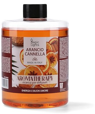 Magic Lights – Aroma Therapy | Ricarica 500 ml per Diffusori a Bastoncini | Arancio & Cannella | Profumazione Ambiente Energizzante | Made in Italy