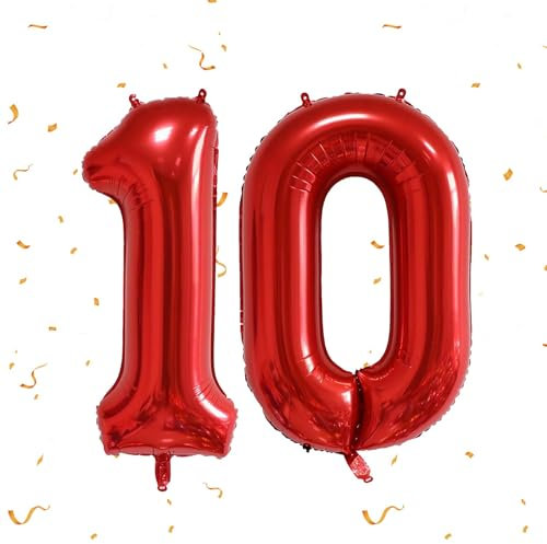 40 Inch Foil Number Balloons,Non-Toxic Safe Large Age 10 Balloons,Red Number Helium balloons 10,for Boys Girls 10th Birthday Party Decor Anniversary Party Decorations Supplies,Engagement Decoration.