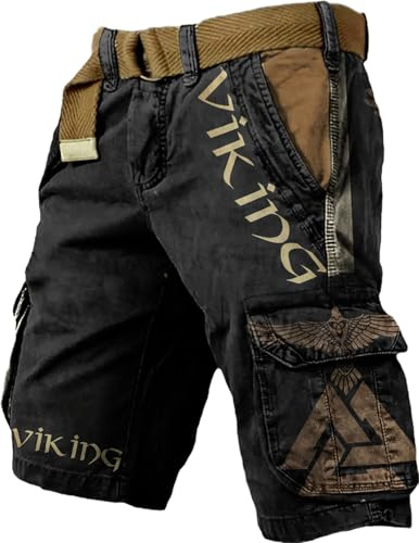 XuanXmy Pantalones Cortos Tácticos De Carga Impresos De Viking para Hombres, Estilo Retro, Multibolsillo, Sueltos (sin Cinturón) XL