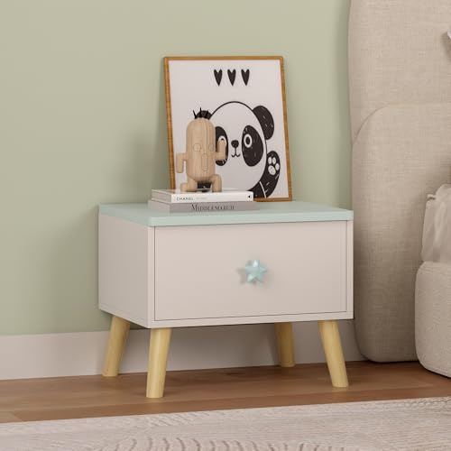 [en.casa] Nachttisch Kinder Sandnes Nachtkästchen 31 x 38 x 30 cm mit Schublade Nachtkommode Beistelltisch für Kinderzimmer Holzbeine Weiß/Mintgrün