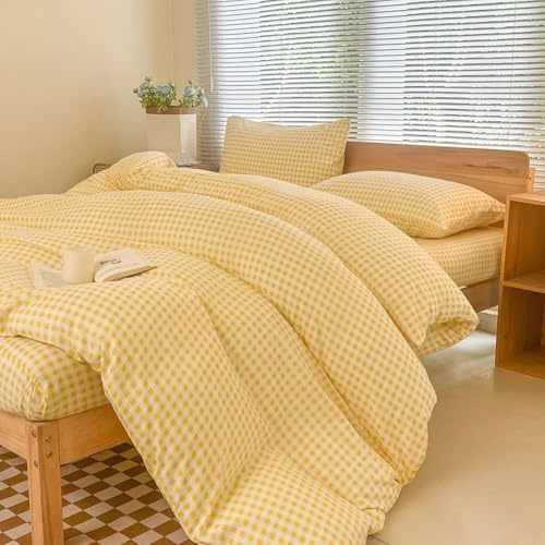 Parure de lit 135x200 Set, à carreaux jaunes, motif carreaux de style maison de campagne 8mm, géométrique 135x200cm housse de couette + 80x80cm taie d'oreiller, design carreaux de paysan