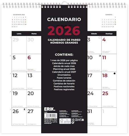Grupo Erik Väggkalender 2026 - spansk kalender 2026 | Fyrkantig 30 x 30 cm - 30 x 12 tum väggplanerare, familjeplanerare månad att visa | spanska gåvor till vänner