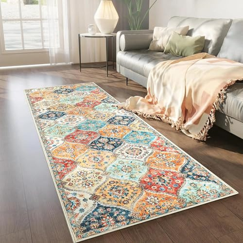 LuxFocus Waschbarer Läufer Teppich Flur 60x230 cm, Vintage-Blumenteppich mit orientalischem Design, Küchenläufer rutschfest, Kurzflor für Flur & Eingang, Orange