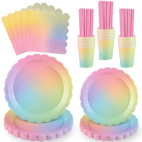 NatNarr Set di 125 pezzi di stoviglie da festa arcobaleno, piatti di cartone con bordo ondulato, tovaglioli, bicchieri di cartone e cannucce per baby shower, matrimoni, compleanni