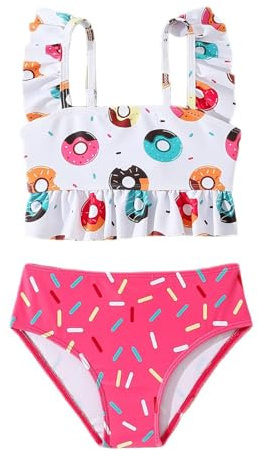 2026 Traje de baño de dos piezas para niña para nadar, playa al sol, UPF 50+ Rashguard Bikini con pantalones de corte alto, Blanco, 5 años