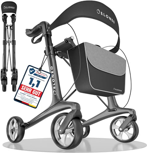 Carbon Rollator faltbar und leicht mit Sitz, Leichtgewicht-Reiserollator ultraleicht 5,1 kg, Gehhilfe für Senioren 9-fach höhenverstellbar, Laufhilfe faltbar für Kofferraum, mit Tasche