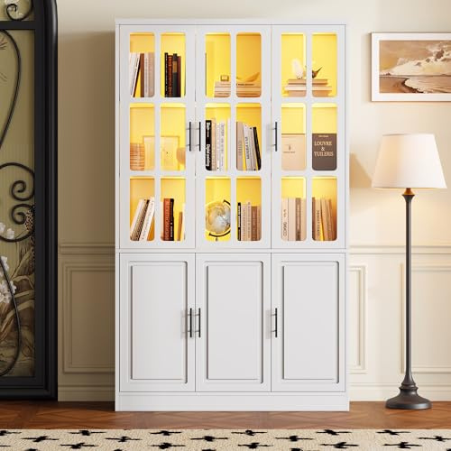 kowdom Glasvitrine mit LED-App 121,5x41x200 cm Weiß mit 6 Türen, Vitrinenschrank mit Glastüren und Holztüren, Standvitrine Wohnzimmerschrank Sideboard, Beleuchtete Vitrine mit 10 Fächern und 60 kg
