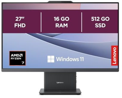 Lenovo IdeaCentre 27ARR9 Ordinateur de Bureau Tout-en-Un Écran 27 FHD,AMD Ryzen 7 7735HS, 512Go SSD, RAM 16Go, WiFi 6, Windows 11 H, Clavier français et Souris sans Fil