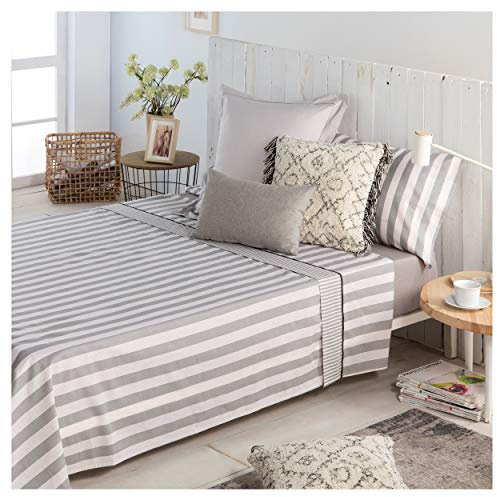 COTTON ARTean Juego sábanas Cama 90 Percal Algodón 180 Hilos Lines Gris