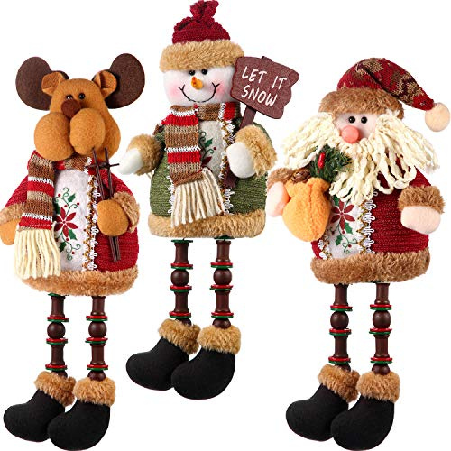 Sumind 3 Pcs Christmas Sitting Santa Claus Snowman Reindeer Sitter Christmas Ornament with Long Legs Xmas Figurines for Table Fireplace Home Decoration | Edge Sitter on Table Fireplace Shelf, Plush Fabric Knit Scarf, Holiday Ornaments Home Decor, Dangling Legs Figurines
