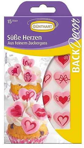 Günthart BackDecor 15 Zuckerherzen rosa mit rotem Motivdruck als essbare Tortendeko