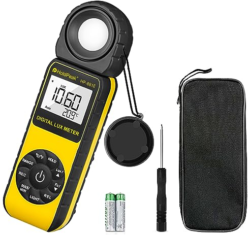 HoldPeak Luxmetro Digitale 881E Light Meter, Misuratore di Luce con 0,01~300,000 Lux (0,01~30,000 FC) Esposimetro Campi di Misura e 270 ° Rilevatore Rotativo per Luci a LED e Impianti