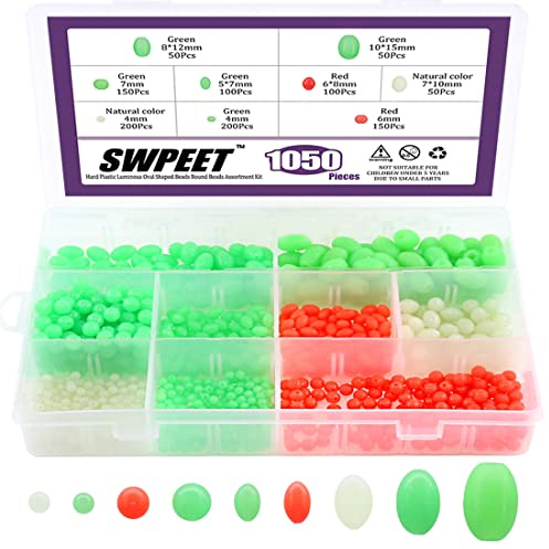 Swpeet 1050 Stück Kunststoff Oval geformt leuchtende Angelperlen Sortimentset Soft Luminous Angelperlen Rigging Perlen Angelköder Biats Perlen Angeln Zubehör Posen Set für Angeln Rig
