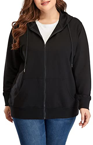 ZERDOCEAN Women's Plus Size Full Zip-Up Hoodie Jacket Cotton Sweatshirt Black 3X