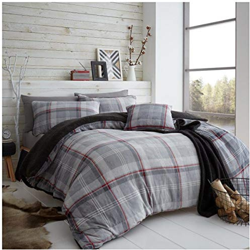GC GAVENO CAVAILIA Teddy Fleece Duvet Covers Double Bed Set - 100% Polyester Checkered Bedding Set - Cuddly Warm Fluffy Quilt Bed Cover, Grey/Red