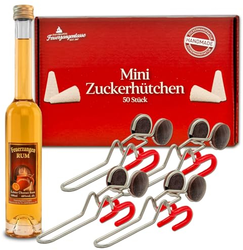 Feuerzangen-Set | Feuerzange (4 Stück) mit Rum (100ml) + MiniZuckerHütchen (50er) | Für Feuerzangenbowle und Winter-Cocktails