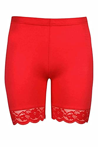 STAR FASHION Women's Cycling Shorts Ladies Lace Trim Bike Dancing Yoga Gym Exercise Stretchy Short Red 12-14