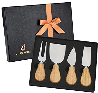 JLIAN MIOR Exquisito juego de cuchillos para queso de 4 piezas, colección completa de cuchillos para queso de acero inoxidable (mango de madera de roble), listo para regalo