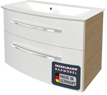 FACKELMANN B.Style Badmöbel Set 2 Teile/Gussmarmor Waschbecken/Waschbeckenunterschrank mit 2 Schubladen und Soft-Close/hochwertige Möbel fürs Bad/Korpus & Front: Braun hell/Breite: 83 cm