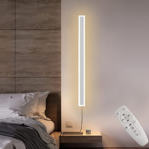 Weiß Wandlampe Innen mit Schalter LED Dimmbar Schlafzimmer Wandleuchte mit Fernbedienung, Modern Lang Lichtleiste Up and Down Gang Wandbeleuchtung mit Schalter und Steckkabel, 2700-6500K,60cm 36w