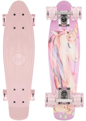 Arrow Board - 22 Zoll Skateboard, KMX Mini Cruiser Skateboard für Kinder, Jugendliche, Junge und Mädchen, Retro Stil Penny Board. LED Leuchtrollen (22 Zoll Pink Rosa Einhorn)