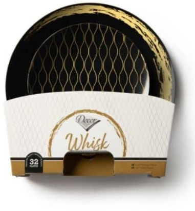 Decor Decorline - Ensemble Vaisselles d'assiettes réutilisables de 32 pièces/Pour 16 Personnes - Collection Whisk - Noir/doré - Assiettes Dîner & Entrée Dessert - 2 tailles (16x26cm & 16x19cm)