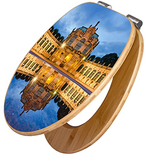 banjado Design WC Sitz Bambus Absenkautomatik 45,8x37,5cm / Toilettendeckel mit Absenkautomatik Holz/hochwertiger Bambus Klodeckel/WC-Sitz für gängigen Toiletten/Motiv Zwinger Dresden