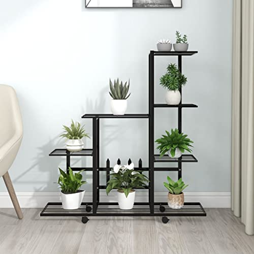 puraday 94,5x25x92,5 cm Pflanzenständer Balkon Blumenständer Metall Blumenständer Hoch Blumenständer Balkon Blumenständer Draußen Blumenständer Modern Blumenregal Outdoor auf Rollen Schwarz Metall