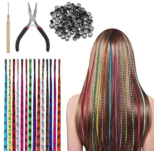 Hair Extension Set, Haarsträhnen Mädchen, Hair Extension, Haar Lametta Stränge, Bunte Haarsträhnen Kinder, 50 Federhaar mit 13 verschiedenen Haarfarben, Geeignet für Partys, Bars, Fotografie