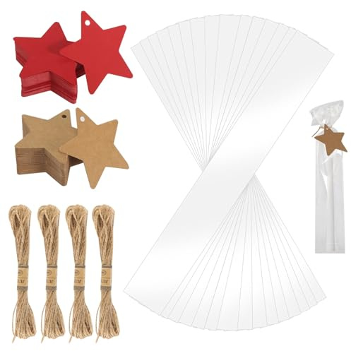 Selbstklebende Plastiktüten Klein, 200 Stücke Zellophantüten Tütchen 26 * 5cm, Kraftpapier Geschenkanhänger mit Schnur Candle Bags für Weihnachten Birthday Party Hochzeit Geschenke