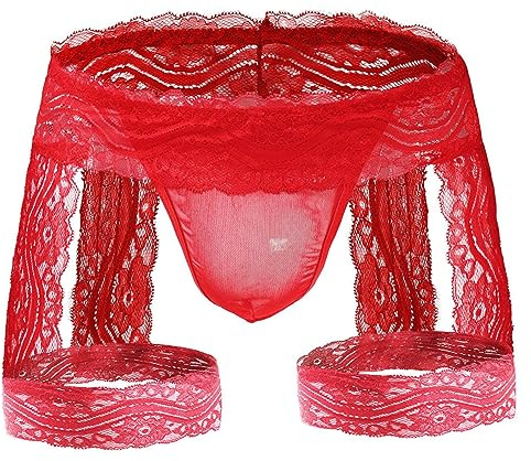 ROSVAJFY String Jockstrap Dentelle Sexy Hommes Culotte Sissy Tanga Chic Hot Taille Basse,Slip Boxers Stretch Transparent Lingerie,Sous-Vêtement Avec Jarretière,Thong Panties Gay Costume (Rouge)