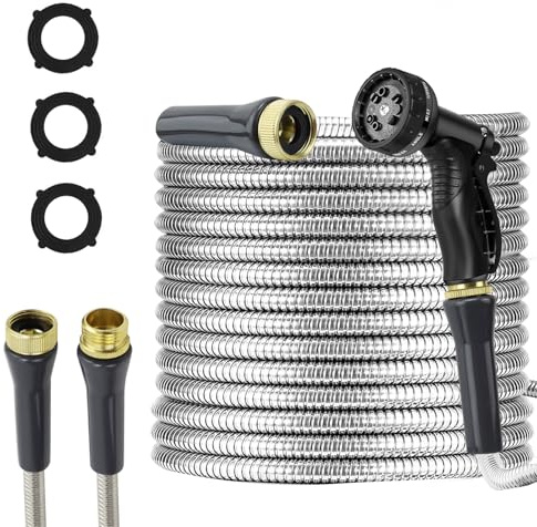 AnyEasy Tubo da giardino in acciaio inox da 7,6 m, in metallo resistente, con ugelli per tubo dell'acqua a 10 funzioni, per cortile esterno