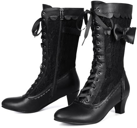 Voviggiw Stivali vittoriani vintage da donna Stivali da nonna al polpaccio con cerniera Costume rinascimentale Scarpe con tacco medio Abito da sposa Stivali con fiocchi Marchio nero Taglia 40