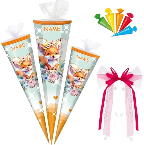 alles-meine.de GmbH Schultüte - mit 3D Glitzer - Effekt ! - süßer Fuchs - 50-85 cm - Größe wählbar - inkl. Name + Bänder Schleife + 5 kleine Zuckertüten - Zuckertüte - Tüll Abs..