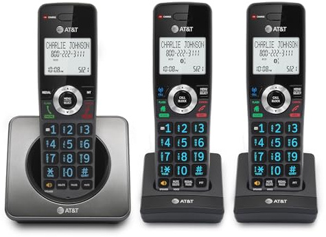 AT&T GL2101-3 DECT 6.0 3-Handset Cordless Home Phone with Call Block, Caller ID, Full-Duplex Handset Speakerphone, 2 White Backlit Display, Lighted Keypad (Graphite & Black)