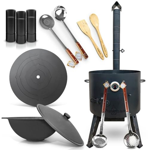 Utschak F22-1 - Hornillo de fuego (49 cm de diámetro, 2 mm, acero, 4 mm, base plana, termómetro, espumadera de 64 cm, 2 cucharones de madera, tubo de extensión, cuchara de 48 cm, cucharón de 48 cm,