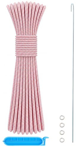Gummiseil für Zeltstange, 0,3 cm (1/8 Zoll), 18,3 m, Ersatz-Stoßseil für Zeltstange, Reparaturset, elastisches Bungee-Seil, elastische Schnur mit Bleidraht/Unterlegscheiben/Clip (weiß/rot)