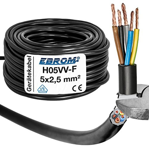 45 Meter - EBROM - H05VV-F 5x2,5 mm² PVC Schlauchleitung, schwarz, Gerätekabel, flexible Leitung 5G2,5 mm2 Kunststoffschlauchleitung, Kabel für Haushaltsgeräte, Stromleitung Anschlusskabel Elektroherd