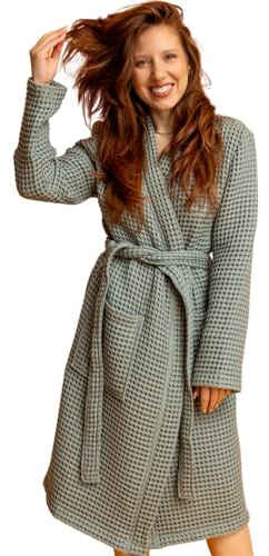 BLUMIS® Damen Bademantel Waffelpique | 100% Baumwolle, atmungsaktiv, schnell trocknend, ideal für Sauna & Spa, eleganter Kimono Schnitt