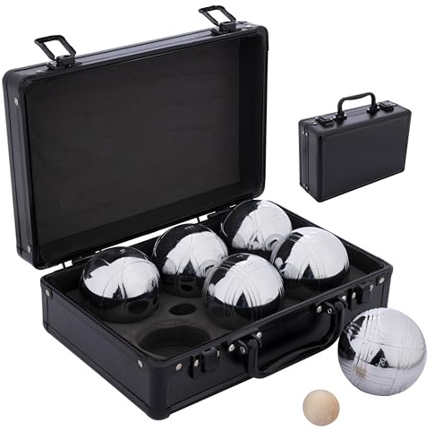 Engelhart - 010209 - Set di Bocce da Gioco in Custodia di Alluminio - 6 Bocce da 74 mm e 720 g con Boccino - Gioco da Giardino - Custodia 27 x 27 x 9 cm